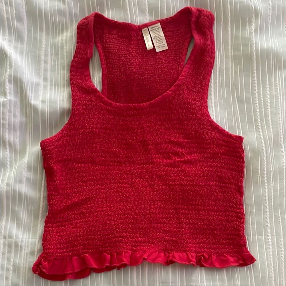 Japna Red Ribbed Ruffled Crop Tank Top
